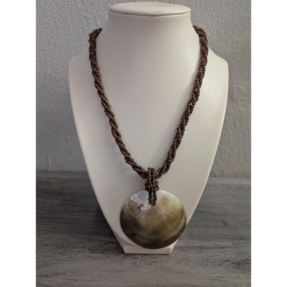 Boho Brown Twisted Seed Bead Necklace Large Iridescent Shell Pendant Statement